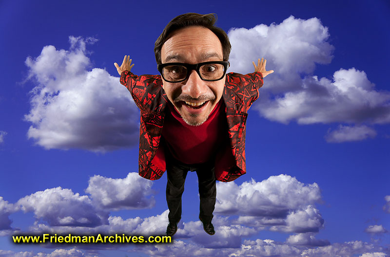 red,jacket,fisheye,portrait,clouds,sky,blue,glasses,